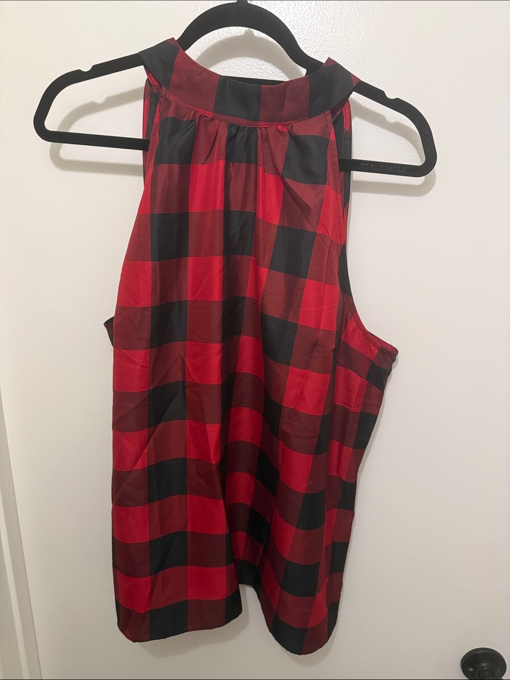 Talbots Red and Black Buffalo Plaid Bow Neck Sleeveless Top